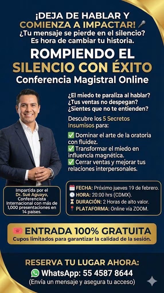 Promoción de conferencia magistral de Sué Aguayo